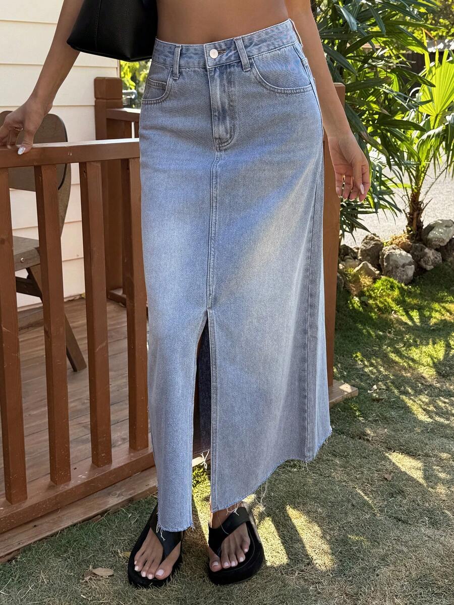 Livesso Women's Casual Washed Denim Slit Skirt - Medium Wash - View 1