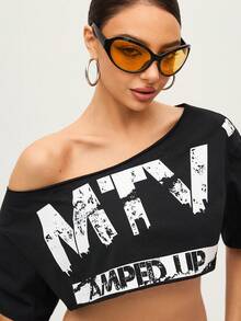 MTV | SHEIN Women's Letter Pattern Asymmetric Neckline Casual Short Sleeve Top - Black - View 8