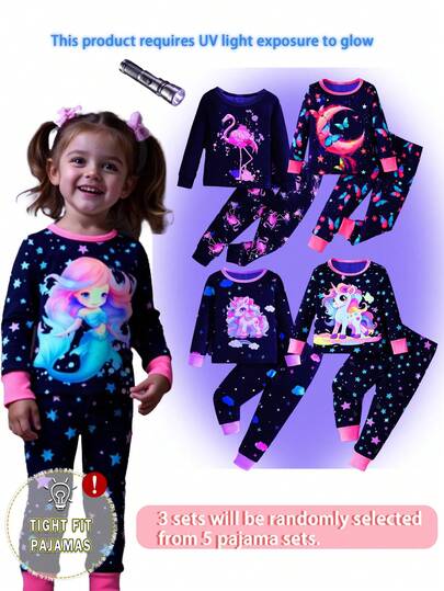 3件/5件套随机图案睡衣套装，包括独角兽、火烈鸟、美人鱼、月亮、蝴蝶、云朵夜光印花，修身舒适，适合幼儿女童，长袖长裤，舒适睡衣。