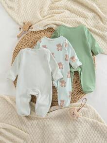 Souflis Souflis 3pcs Newborn Long Sleeve Footed Romper Set, Cartoon Bear Pattern Knitted Pajamas - Multicolor - View 2