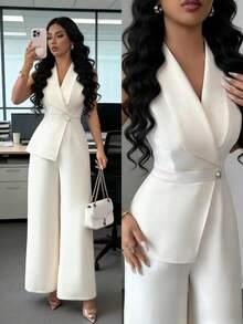 Elenzga 女士杏色纯色V领西装外套，领口腰带设计，优雅职业装，适合工作、会议、教师、学校、情人节、劳动节、复活节、旅行、春夏新款时尚必备无袖宽松直筒连体裤