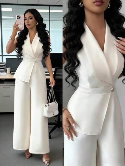 Elenzga 女士杏色纯色V领西装外套，领口腰带设计，优雅职业装，适合工作、会议、教师、学校、情人节、劳动节、复活节、旅行、春夏新款时尚必备无袖宽松直筒连体裤