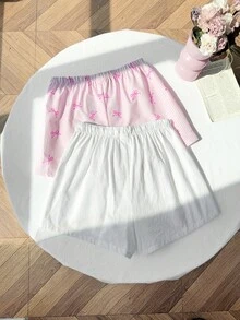 SHEIN 2件套少女亚麻纯色条纹蝴蝶结印花短裤，夏季服装，度假装，夏季短裤，沙滩度假装 - 粉色 - 查看 2