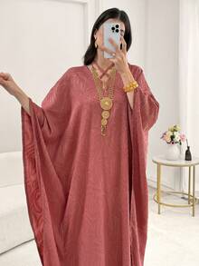 SHEIN Najma Đầm maxi dáng rộng tay cánh dơi khoét eo kiểu Ả Rập dành cho nữ - Gỗ đỏ - Xem 4