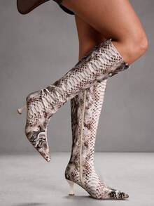 CUCCOO SZL 女士时尚尖头蛇纹图案简约优雅百搭侧拉链细高跟过膝长靴，圣诞节必备 - 銅色 - 查看 5