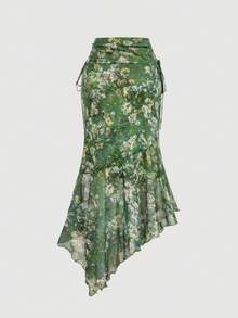 SHEIN MOD 复古绿色油画植物印花网纱两件套，露肩、美人鱼式、不对称下摆设计——完美适用于度假、约会、野餐、派对、舞会和节日庆典 - 綠色 - 查看 9