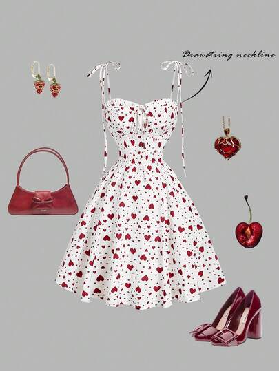 SHEIN MOD Heart Print Tie Bow Waist-Defined Lace-Trim Short Dress – Festive Wear, Princess Style, Formal Gown, Party Dress; Perfect For Vacation, Date, Picnic, Party, Prom, Festival, And Birthday; Romantic Vintage Court Style