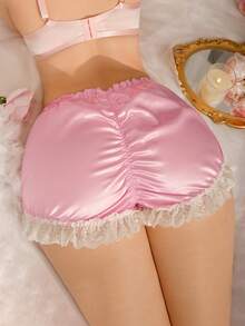 DelicateAllure Plus Size Satin Doll Frill Trim High Waist Briefs Frilly Panties Silk Panties Ruffle Panties Satin Panties Kawaii Panties - Pink - View 3