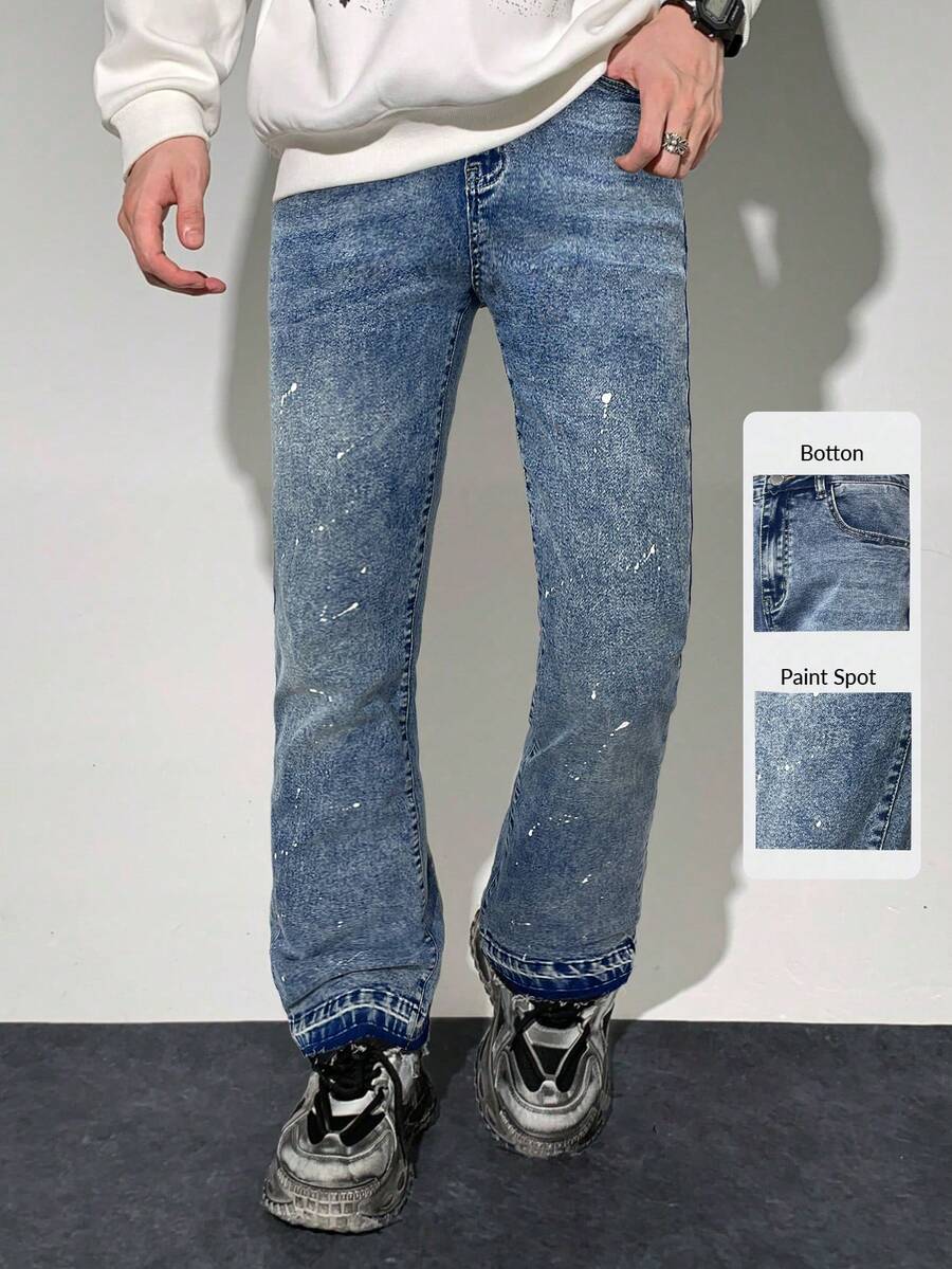SHEIN 青少年男孩 Bolty 时尚休闲 Y2k 复古酷炫街头漆皮圆点牛仔弹力紧身微喇叭牛仔裤日常穿着以及秋冬季锐舞节和街头服饰 - 中等水洗藍 - 查看 1