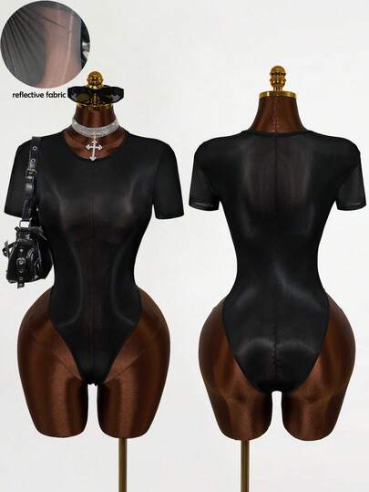 Zestiva Áo liền thân lưới xuyên thấu màu trơn cổ tròn, áo liền thân ngắn tay Katseye cho nữ, áo liền thân ngắn tay cho nữ size S, áo liền thân gợi cảm, áo liền thân xuyên thấu cho nữ, áo liền thân màu đen