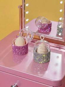 Joivida 1 hộp đựng bông mút trang điểm đính đá lấp lánh có nắp trong suốt - Hộp đựng đồ trang điểm di động, giải pháp lưu trữ trên mặt bàn, hộp đựng đồ dùng làm đẹp | Phụ kiện lấp lánh | Chất liệu nhựa, hộp đựng bông mút - Nhiều màu - Xem 2