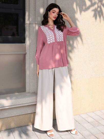 Mulvari Women's Lace Patchwork Cuffed Sleeve Button Front Pink Shirt Tunic Blouse Casual Blouse