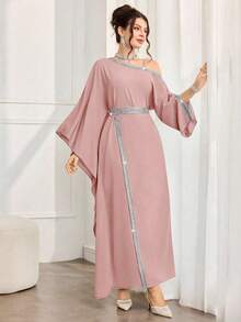 Al Najma Women's Elegant Arabic Style Asymmetric Neck Long Sleeve Split Hem Dress With Ribbon Trim - Baby Pink - View 3