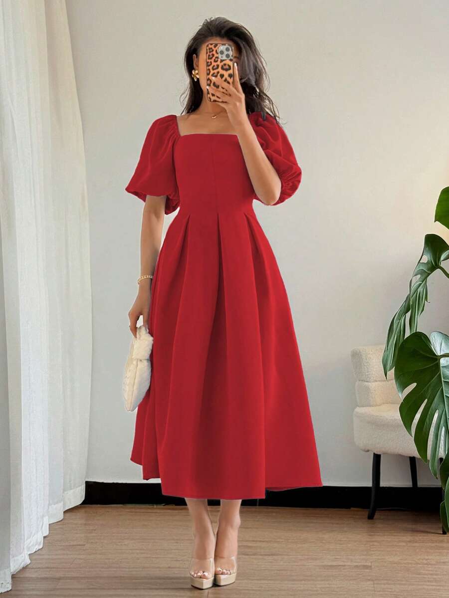 Elenzga Women's Red Summer Elegant Party Dress,Minimalist Solid Color Crew Neck Ruffle Hem A-Line Puff Short Sleeve Dress,Suitable For Office,Commute,Casual - Red - View 1
