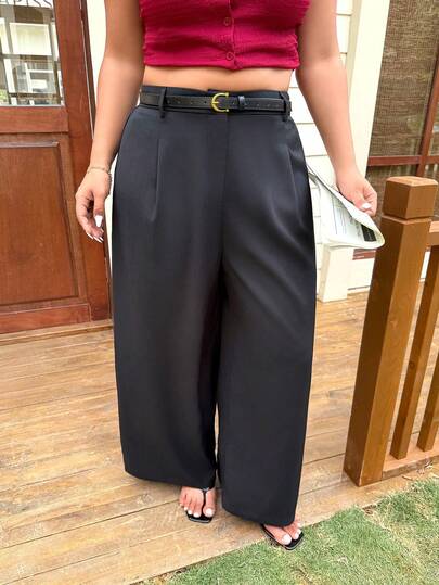SHEIN EZwear Plus Size High Waist Wide Leg Straight Casual Pants With Pockets And Zipper, Spring/Autumn