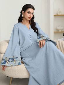 Al Najma Đầm dài tay màu mơ, chất liệu lưới hoa, kiểu dáng thanh lịch Ả Rập dành cho nữ, thích hợp cho mùa Thu/Đông. - Màu xanh lam - Xem 5