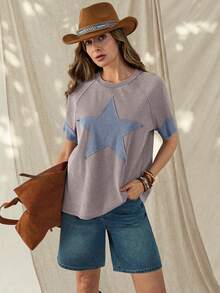 Wildy BOHO Lässiges amerikanisch-westliches Vintage Distressed Stern Muster Kurzarm T-Shirt, Basic für Frühling/Sommer Alltag, Pendeln - Verschiedenfarbig - Übersicht 5