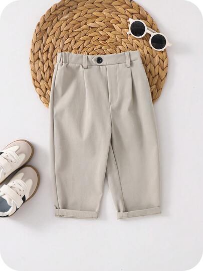 SHEIN Baby Boy Casual Elastic Waist White Formal Trousers, Suitable For Birthday Party, Evening Event, Performance, Wedding, Baby Shower, And 1st Birthday Celebration