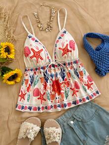 Soleia Women's V-Neck Knotted Design Starfish & Shell Print Casual Versatile Camisole Top - Multicolor - View 1