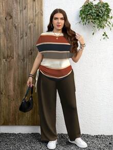 EMERY ROSE Bộ đồ 2 món cỡ lớn Maillard Autumn Breeze phong cách tối giản, màu nâu kẻ sọc, thích hợp cho mùa thu/đông và năm mới. - Nhiều màu - Xem 6