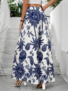 SHEIN Elenzya 女士度假宽松阔腿裤，印有太阳脸图案 - 藍色 - 查看 2