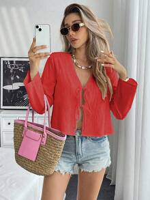 Pariaura （100% 棉）纯色系带落肩衬衫，假日纯色梭织宽松常规女式衬衫，喇叭袖 - 紅色 - 查看 5