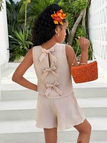 少女杏色休闲日常圆领纹理面料蝴蝶结露背吊带背心和短裤两件套 - 杏色 - 查看 1