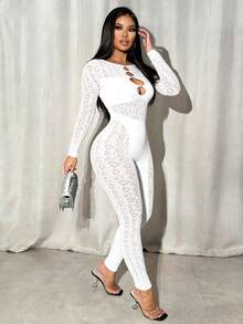 VaVaBold Women's Solid Color Lace Hollow Long Sleeve Slim Fit Sexy Jumpsuit New Years Club Holiday Party Outfits Women - Beige - View 5