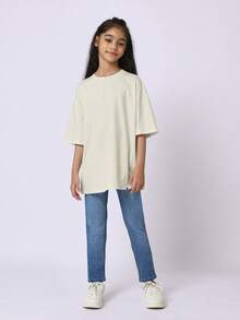 SUMWON Oversized Soft Tee For Girls Relaxed Fit Round Neck Short Sleeve Casual Everyday Top Vacation - Beige - View 3