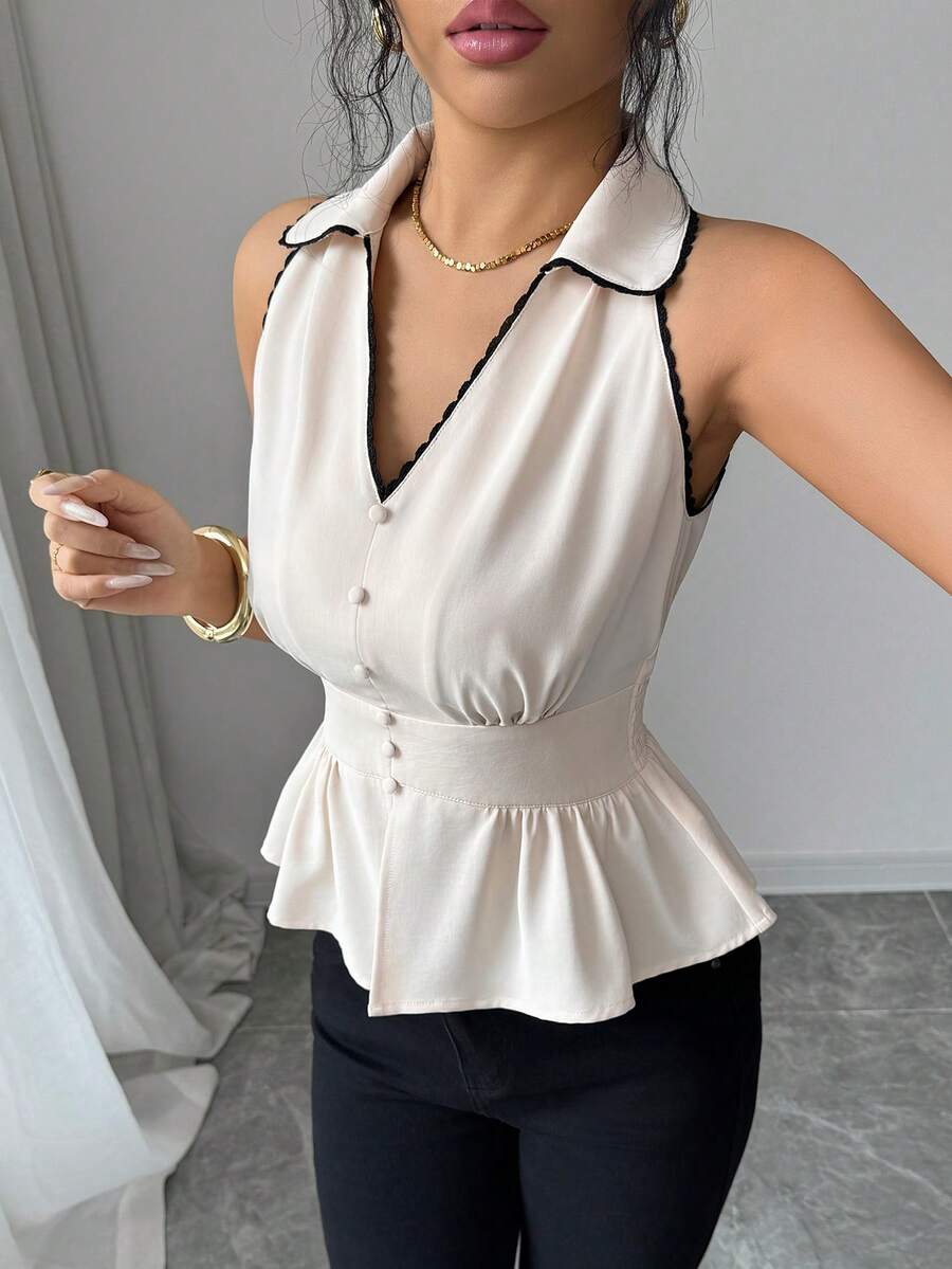 Elenzga Women's Casual Elegant Sleeveless Blouse With Contrast Ruffle Trim, Suitable For Spring/Summer, Commute, Vacation, Afternoon Tea, Valentine's Day Party - Apricot - View 1