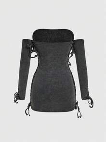 ROMWE Grunge Punk Robe longue à manches longues, épaules dénudées, avec nœud et découpes, style déchiré pour femmes - Noir - Voir 3