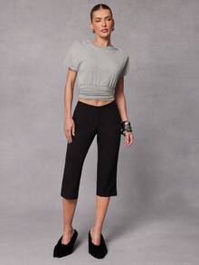 Hauture Women's Waist Cinching Tee Shirt With Shoulder Detail - Light Grey - View 3