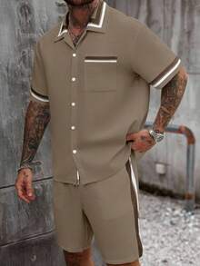 Manfinity Homme Men's Summer Casual Striped Patchwork Textured Short Sleeve Shirt And Shorts Set - Khaki - View 4