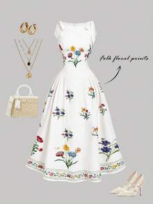 SHEIN MOD Đầm cổ tròn không tay, phối màu, thắt nơ trang trí, dáng xòe in hoa – Hoàn hảo cho kỳ nghỉ, hẹn hò, dã ngoại, tiệc tùng, dạ hội, lễ hội và sinh nhật; Lãng mạn và dễ thương - Nhiều màu - Xem 2