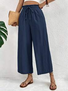 SHEIN Frenchy 女士休闲度假通勤纯色抽绳纸袋腰侧口袋阔腿裤 - 藏蓝色 - 查看 4