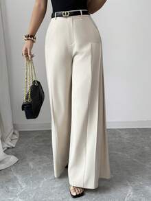 Elenzga Women's Spring/Summer Elegant Pleated Design Straight Leg Trousers With Pockets, Casual Workplace/Romantic/Vacation Wear, Light Khaki - Apricot - View 5