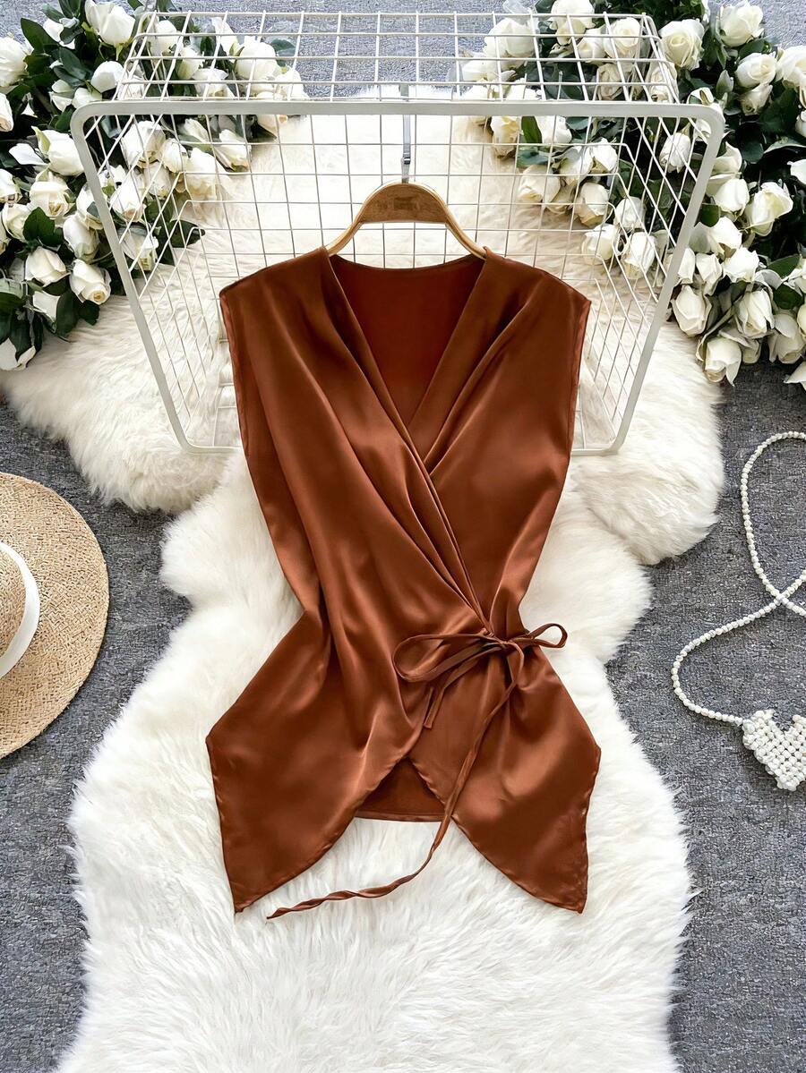 Airaco 女士休闲裹身系带不对称下摆衬衫，适合夏季通勤 - 銅色 - 查看 1