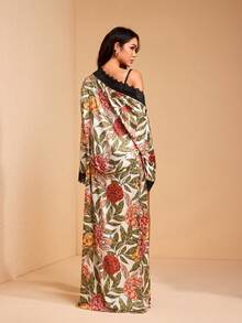 JIAN LASALA Floral Print Satin Silk-Like Elegant Women Loose Maxi Robe With Lace Trim Long Bell Sleeves - Multicolor - View 2