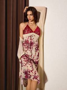 Slumberist 奢华女士睡衣套装，优雅印花荷叶边连衣裙，性感薄纱睡袍套装 - 杏色 - 查看 3