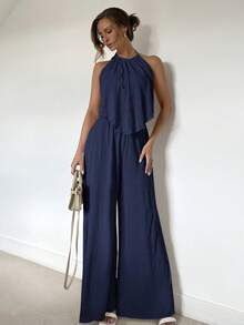 Siren Gaze Women's Solid Color Pleated Halter Neck Camisole And Wide Leg Pants 2-Piece Set, Spring/Summer - Navy Blue - View 4