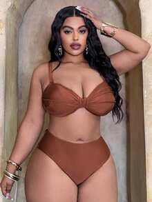 Slaydiva Plus Size Elegant Vacation Tie-Up Swimsuit Set - Brown - View 3