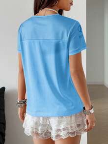 StreetHx Áo thun ngắn tay nữ phong cách đường phố, in chữ phối màu, thích hợp cho mùa xuân/hè. - Màu xanh lam - Xem 2