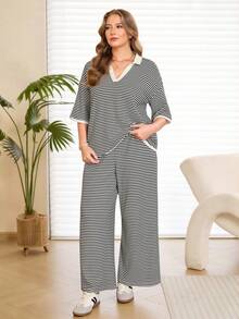 Rosumi 两件套加大码女式早春休闲条纹Polo衫和裤子套装 - 彩色 - 查看 1