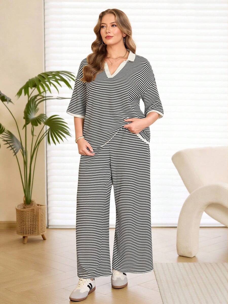 Rosumi 两件套加大码女式早春休闲条纹Polo衫和裤子套装 - 彩色 - 查看 1