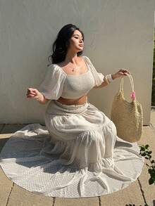 Sunnyshic Damen Große Größen Set aus Crop Top mit Puffärmeln und Rock Einfarbig, elegantes Urlaubsoutfit 2 Stücke - Aprikosenfarben - Übersicht 1