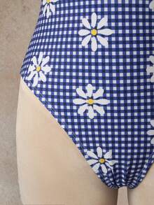 Swim Mod 2026春夏女士沙滩套装，连体泳衣，优雅浪漫甜美可爱海岛度假风，艺术雏菊蓝白格纹印花，精致蕾丝花边装饰，细肩带修身连体泳衣，适合夏季度假、海滩、泳池、日常穿着。2026新款女士泳装到货，适合上学、度假、约会、下午茶、西式、邮轮、海滩、海岛、公路旅行、四季皆宜、音乐节、波西米亚风度假、凉爽秋季、西部波西米亚风、优雅女士泳衣，活泼假日彩色印花波西米亚复古泳衣，复古泳衣，女士雏菊泳衣，格纹泳衣，连体泳衣 - 藍色 - 查看 13