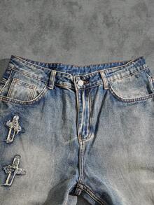 Manfinity ZONE917 Y2K Retro Streetwear Men's Light Blue Washed Loose Distressed Wide Leg Baggy Jeans, For Husband, Boyfriend Gifts Going Out Hang Out Commute Street Urban, Emo Style - Light Wash - View 3