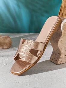 SHUZIA Dép lê nữ bán chạy nhất mọi thời đại, kiểu dáng sang trọng, khoét hở ngón, chất liệu PU màu vàng hồng dập nổi. - Hoa hồng vàng - Xem 5