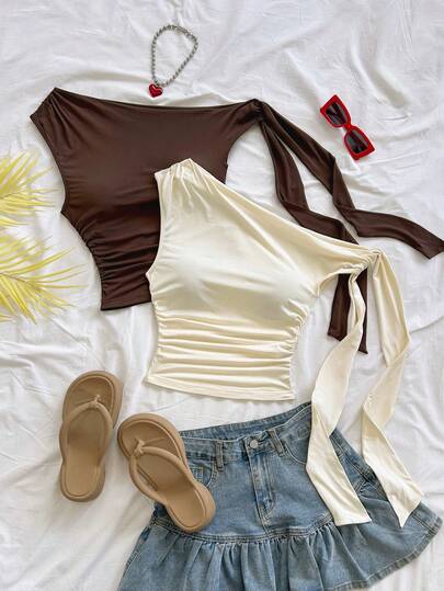 Soleia Summer Outfit For Women 2pcs Women's Twist Knot Ruched Shoulder Casual Top, Versatile For Dates And Outings