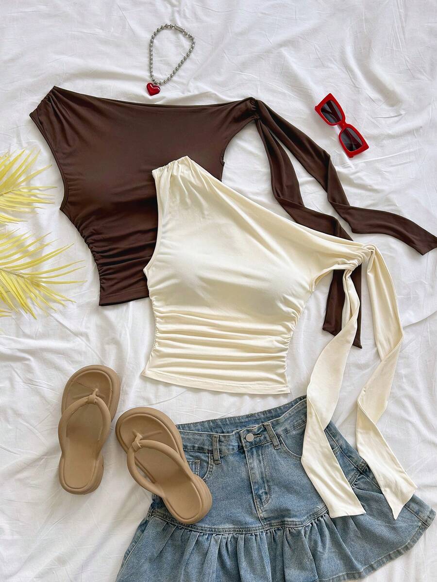 Soleia 2 piezas Blusa casual de mujer con hombros fruncidos y nudo retorcido, versátil para citas y salidas - Multicolor - Ver 1